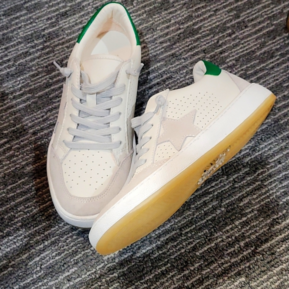 Green and grey low top sneakers